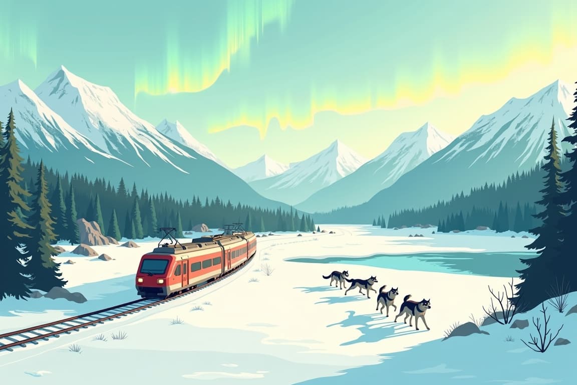 Illustration of Huskies & the Northern Lights