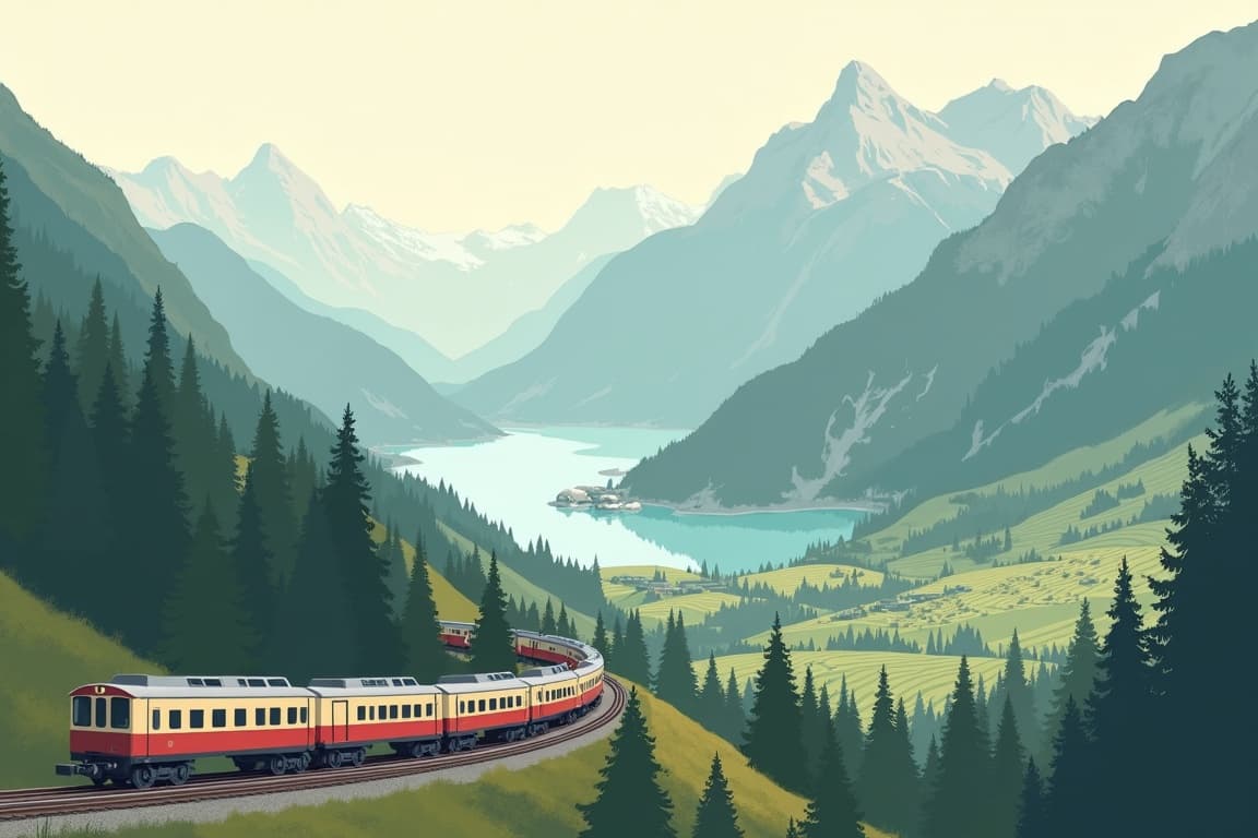 Illustration of Swiss Mountains & Lakes