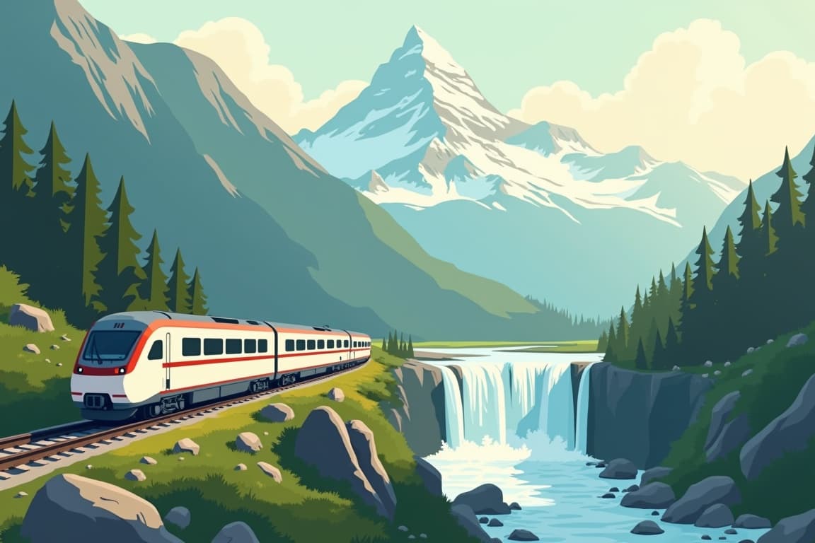 Illustration of Swiss Mountains and Waterfalls