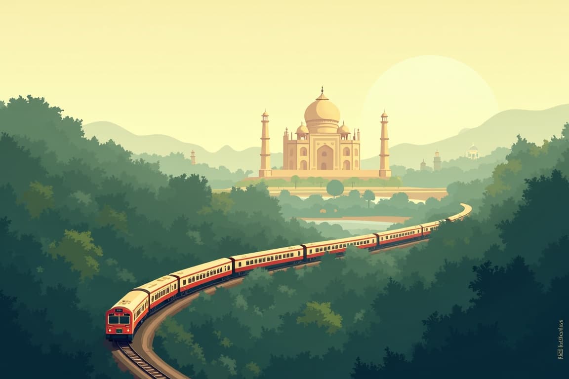 Illustration of Taj Mahal, Tigers, and Train