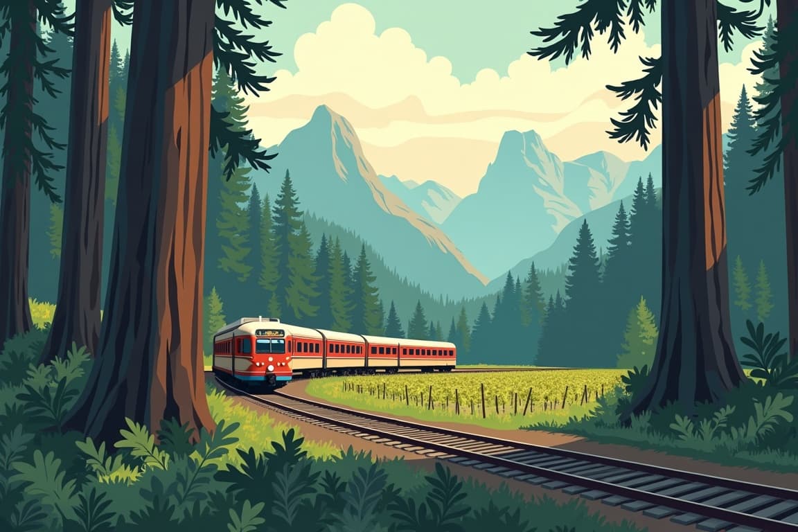 Illustration of California's Napa Valley, Redwoods & Yosemite