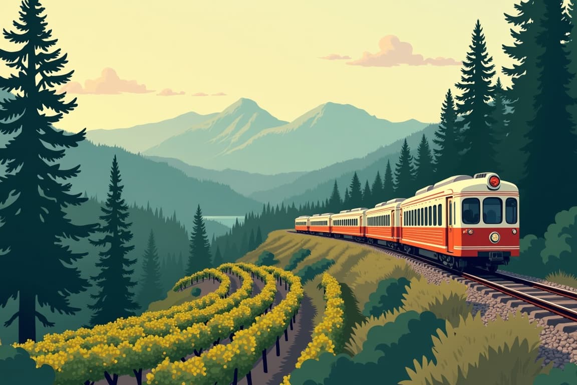 Illustration of California's Napa Valley, Redwoods & Yosemite