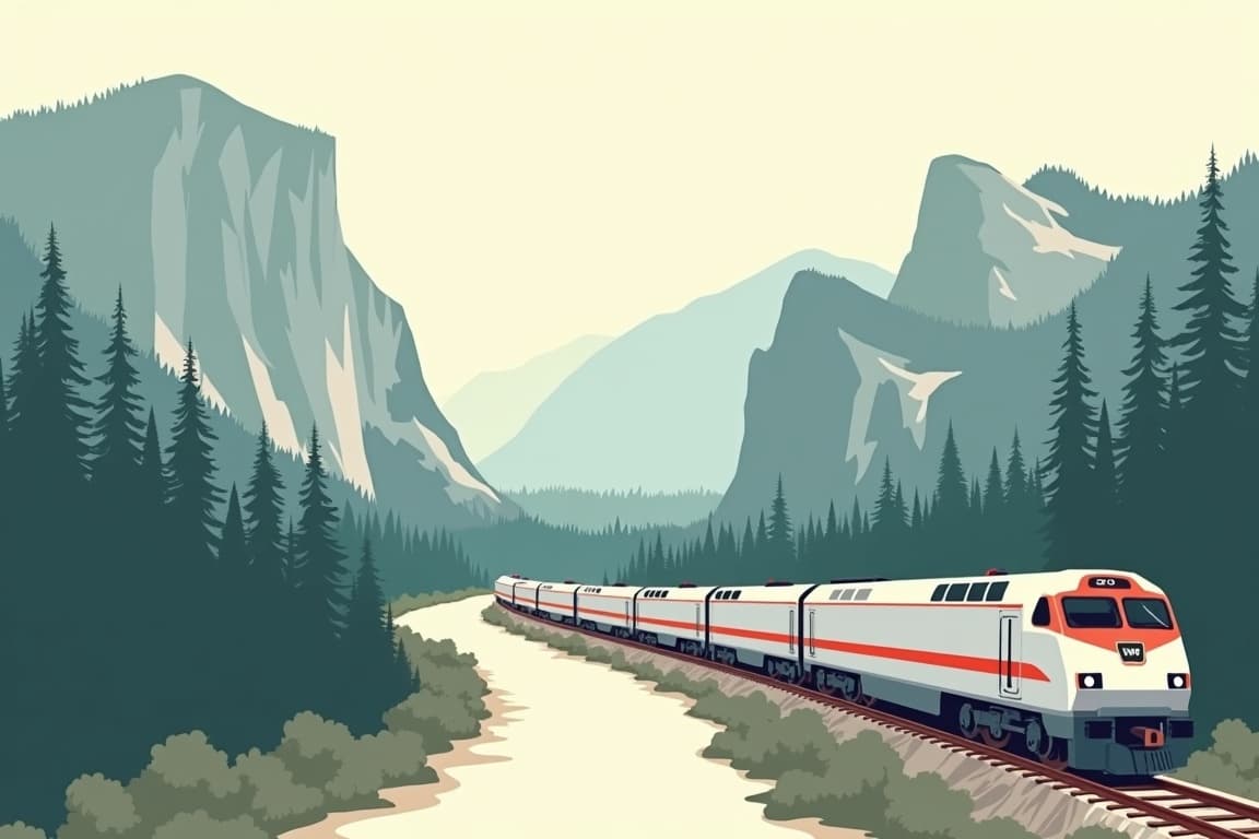 Illustration of California Zephyr with Yosemite National Park - Chicago to San Francisco