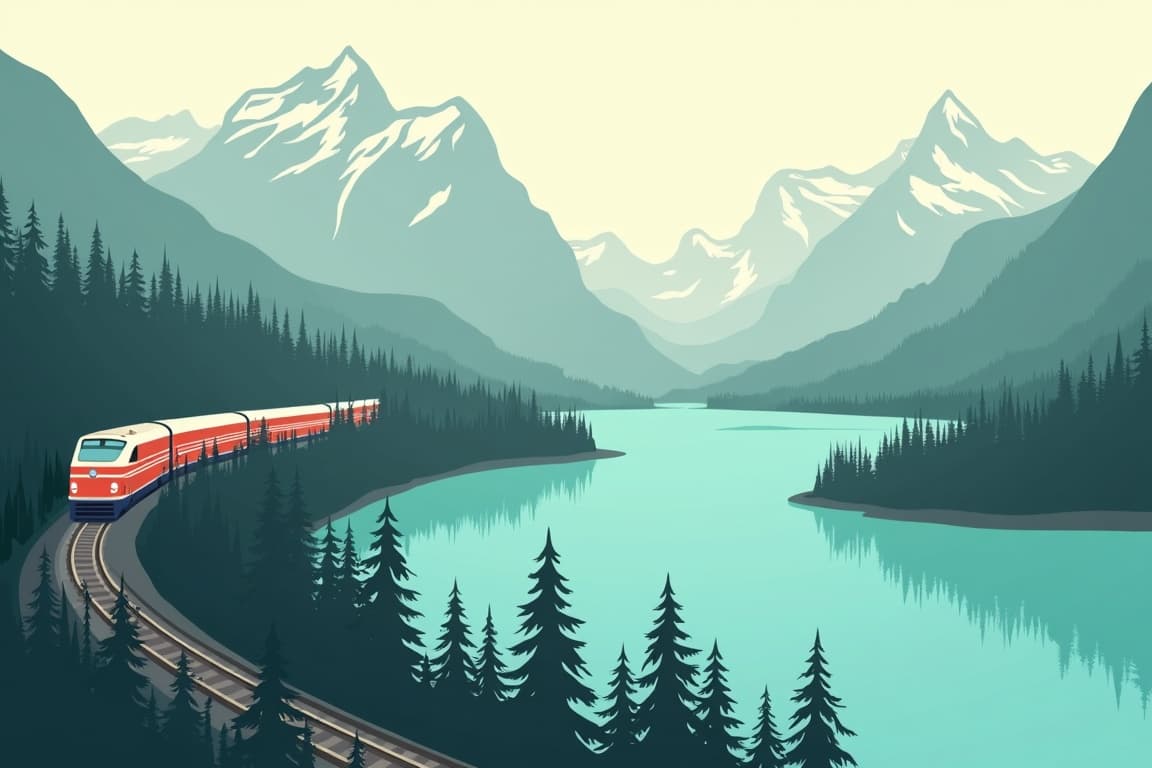 Illustration of Canadian Rockies with Rocky Mountaineer featuring Lake Louise