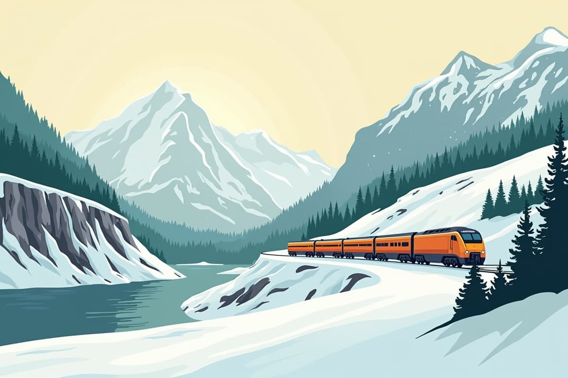 Illustration of Classic Canada and Canadian Rockies with Seattle in Winter Westbound
