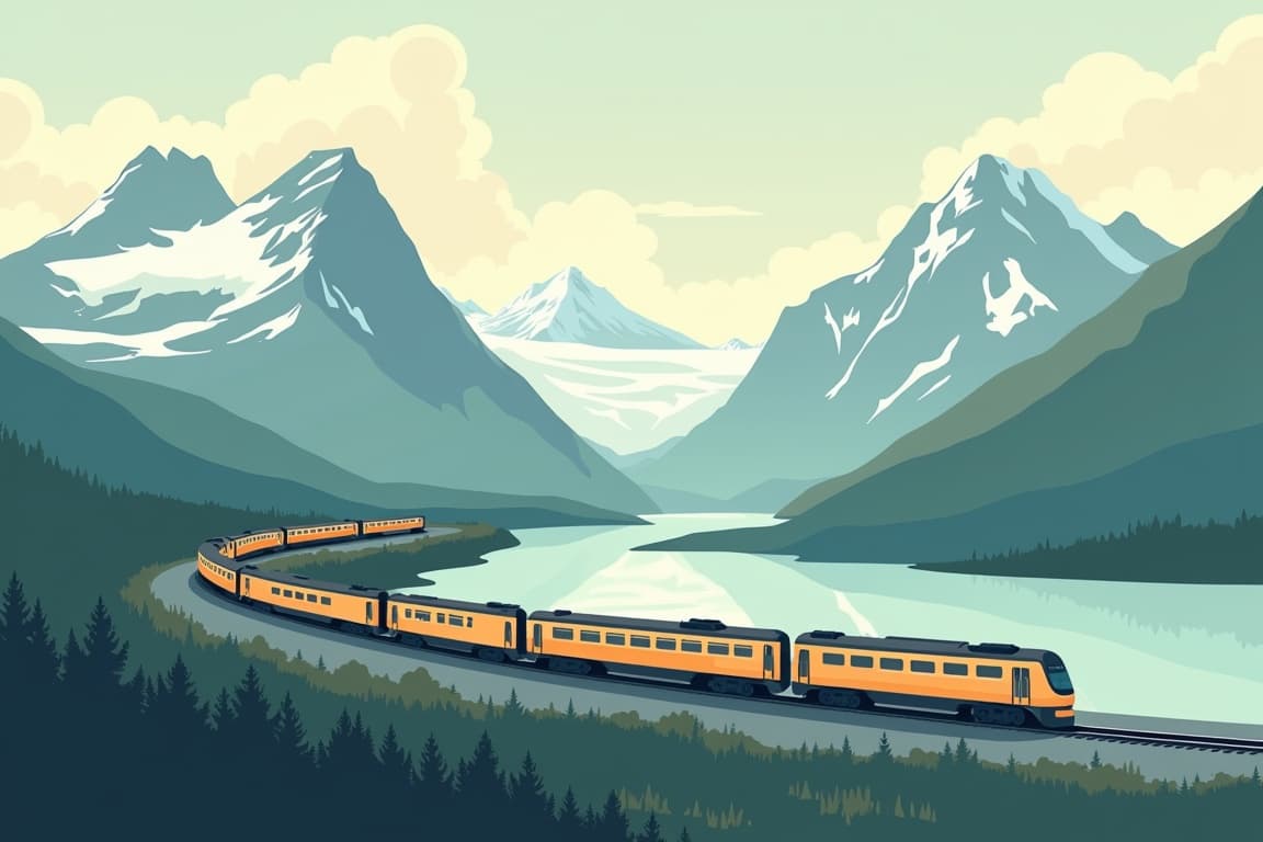 Illustration of Denali and Kenai Fjords National Parks Express with Alaska Railroad