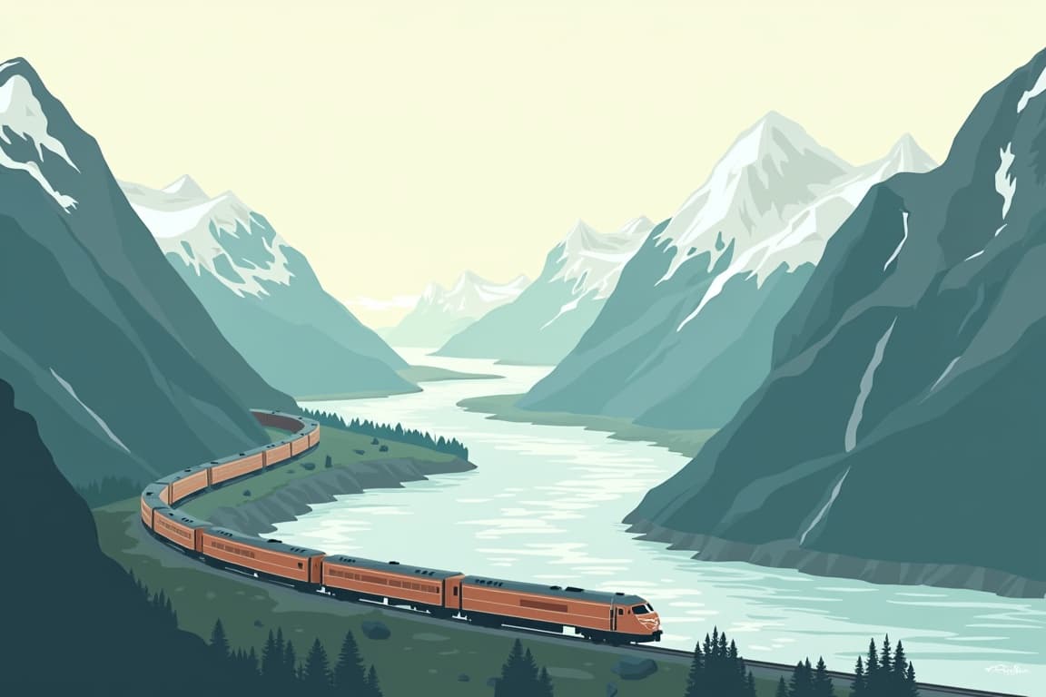 Illustration of Fjords of Alaska with Alaska Railroad