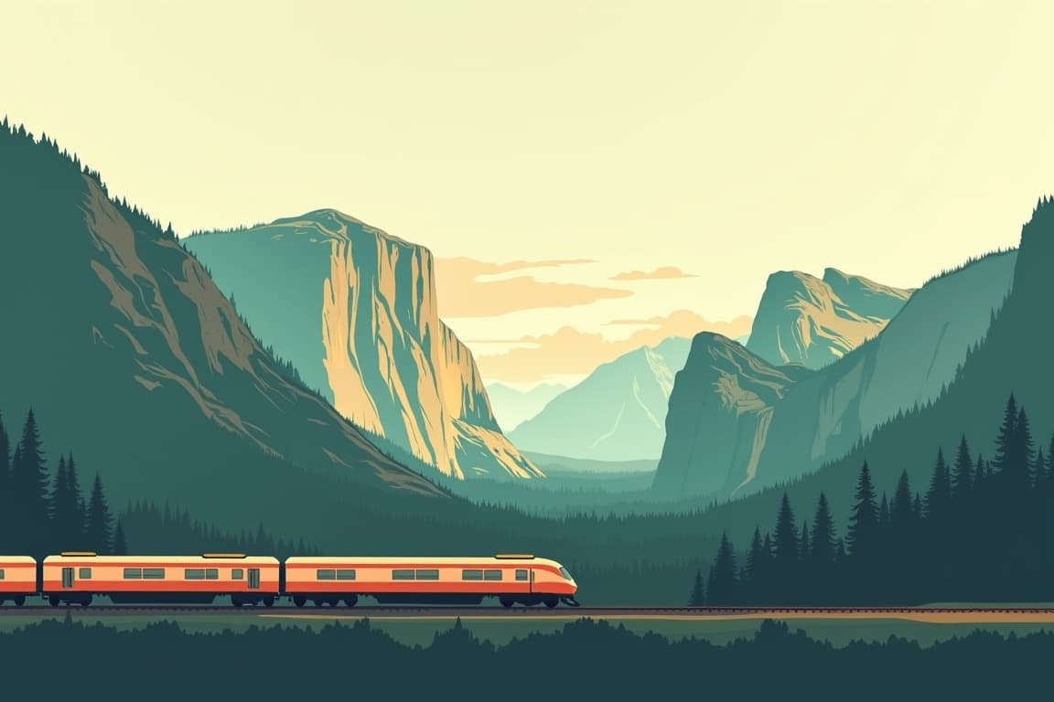 Illustration of Grand National Parks with Grand Canyon, Yosemite, and Glacier National Park