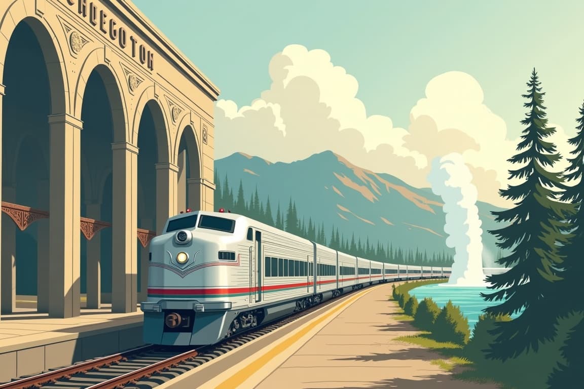 Illustration of Grand National Parks with Yellowstone, Yosemite, and Glacier National Park