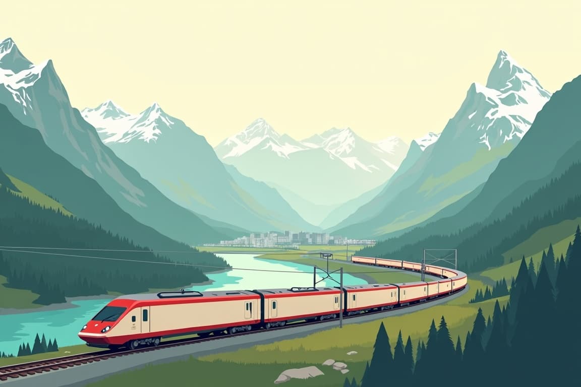 Illustration of Grand Swiss Mountain Peaks from Zurich