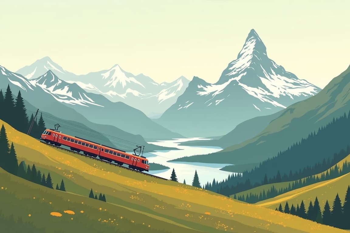 Illustration of Jungfrau and The Matterhorn: Swiss Mountain Peaks from Zurich