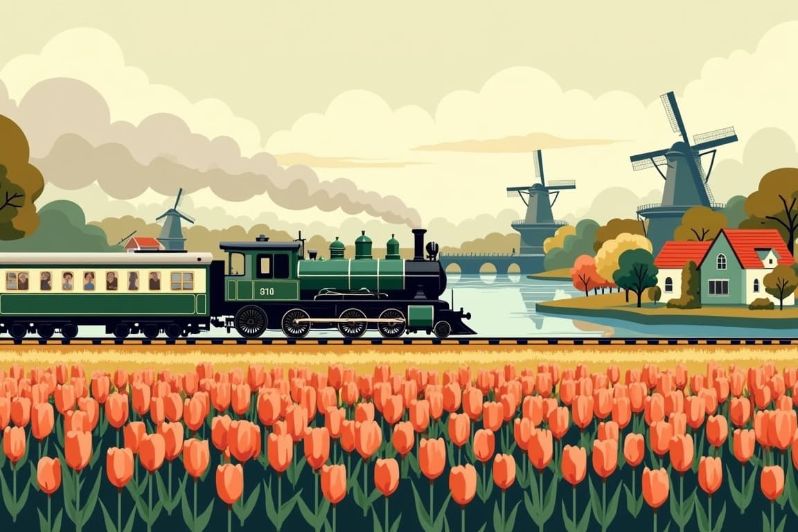 Illustration of Keukenhof Tulips, Canals & Amsterdam in Springtime