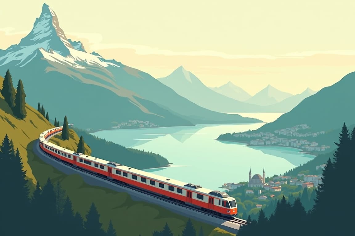 Illustration of Lake Como and the Matterhorn from Basel