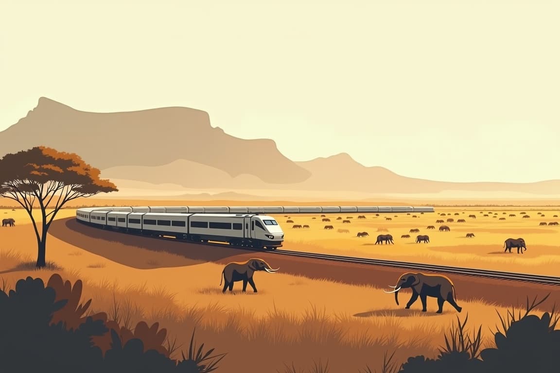 Illustration of Luxury Blue Train from Pretoria to Cape Town with Kruger National Park
