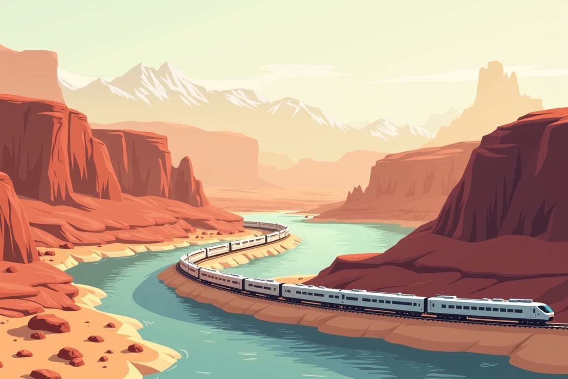 Illustration of Mountains, Arches, and Canyons by Rail