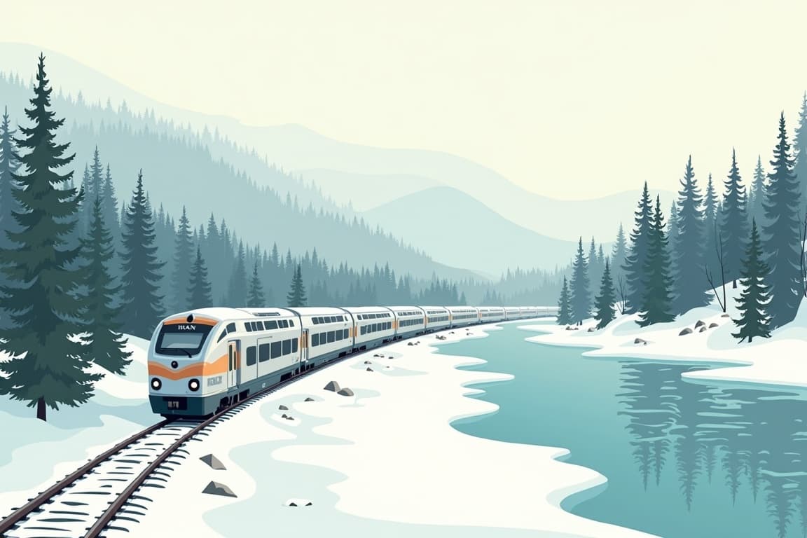 Illustration of Northern Lights and Alaska Railroad in Winter Anchorage to Fairbanks