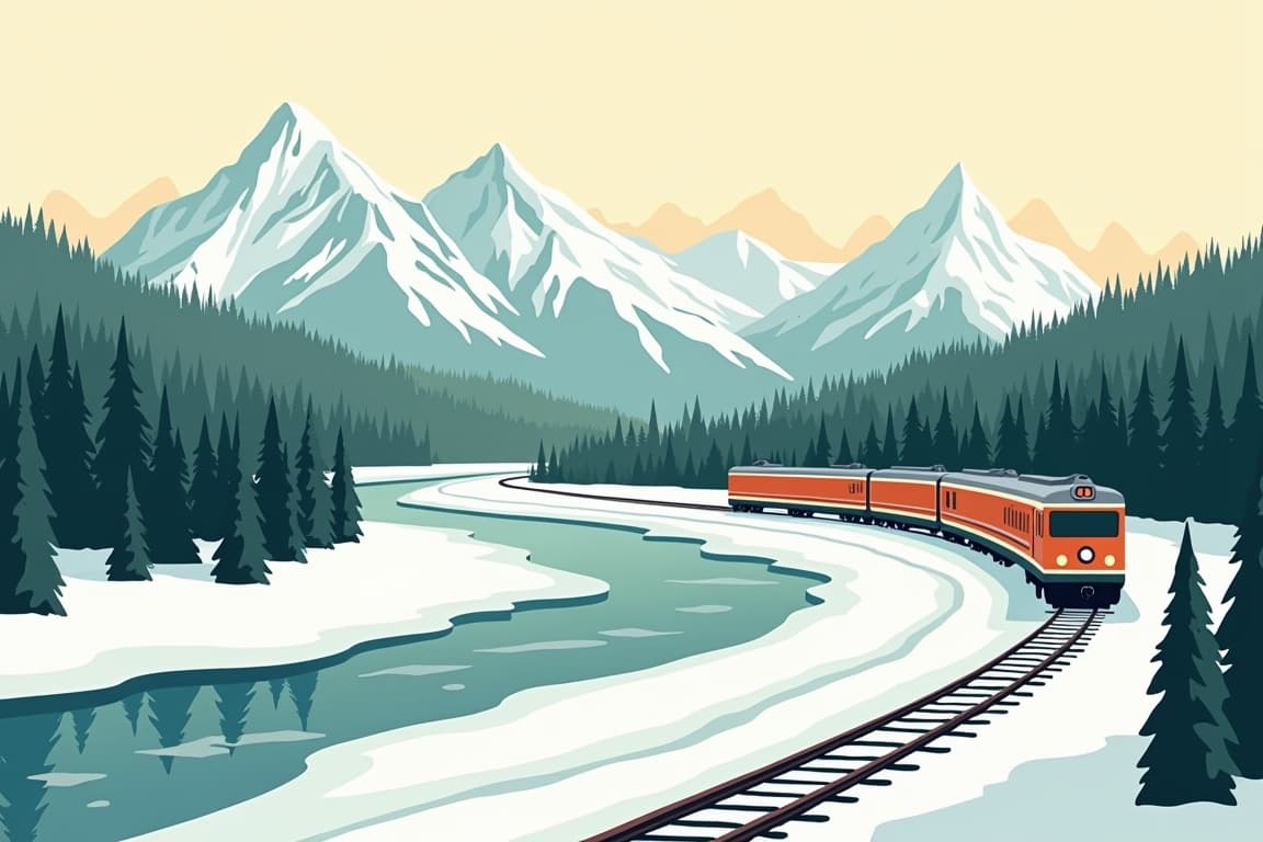 Illustration of Northern Lights and Alaska Railroad in Winter Fairbanks to Anchorage