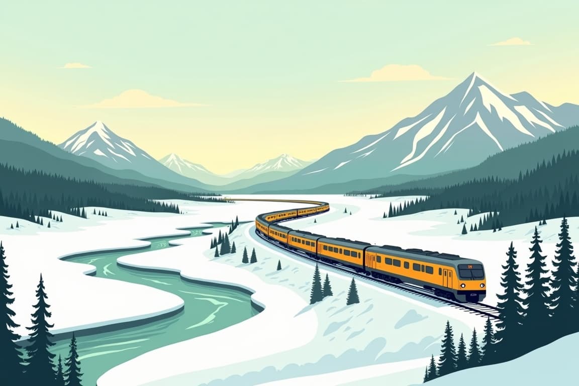 Illustration of Northern Lights and the Arctic Circle Alaska Railroad in Winter - Fairbanks to Anchorage