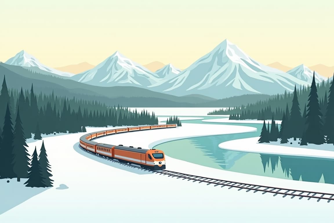 Illustration of Northern Lights and the Arctic Circle with Alaska Railroad in Winter - Anchorage to Fairbanks