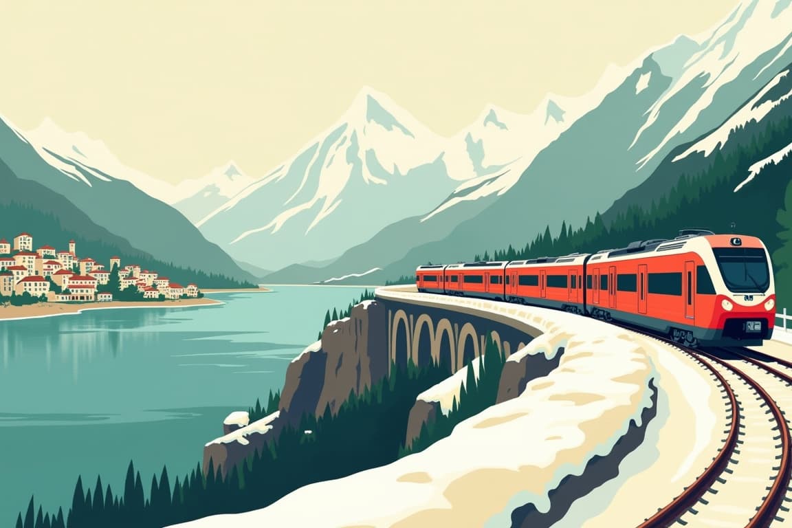 Illustration of Rome and the Amalfi Coast with The Jungfrau and the Bernina Express