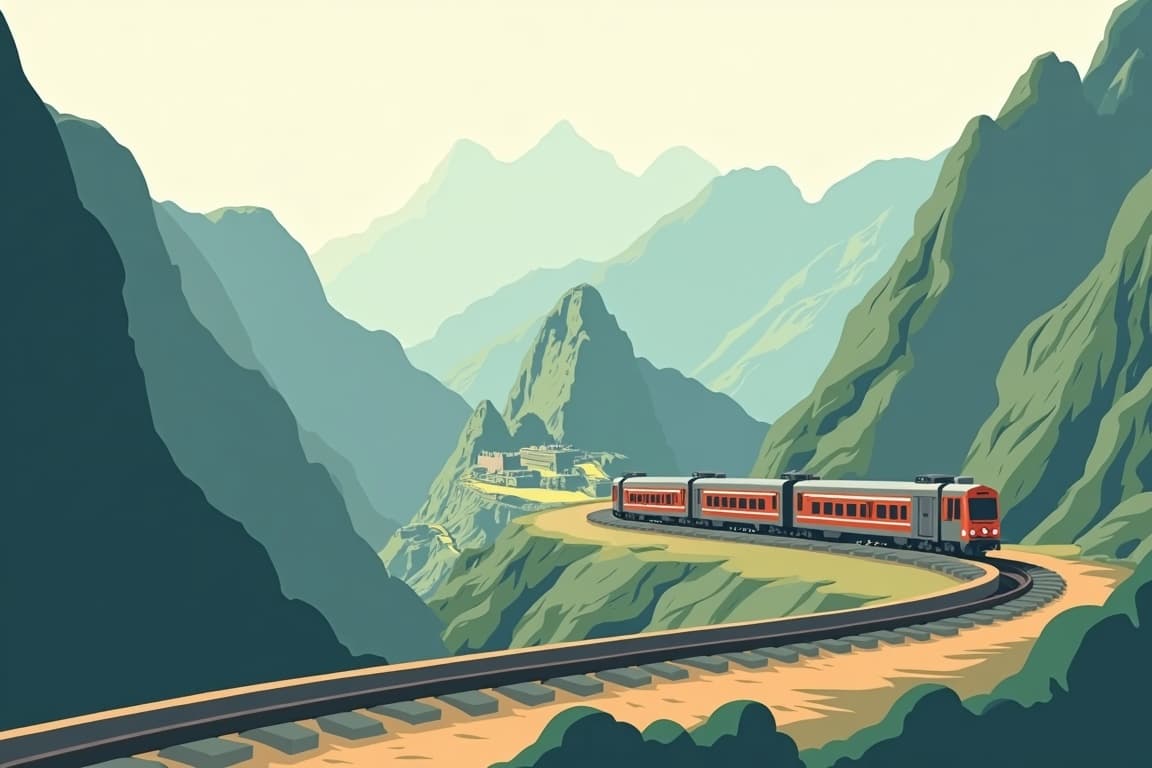 Illustration of Sacred Valley, Machu Picchu, and Rainbow Mountain