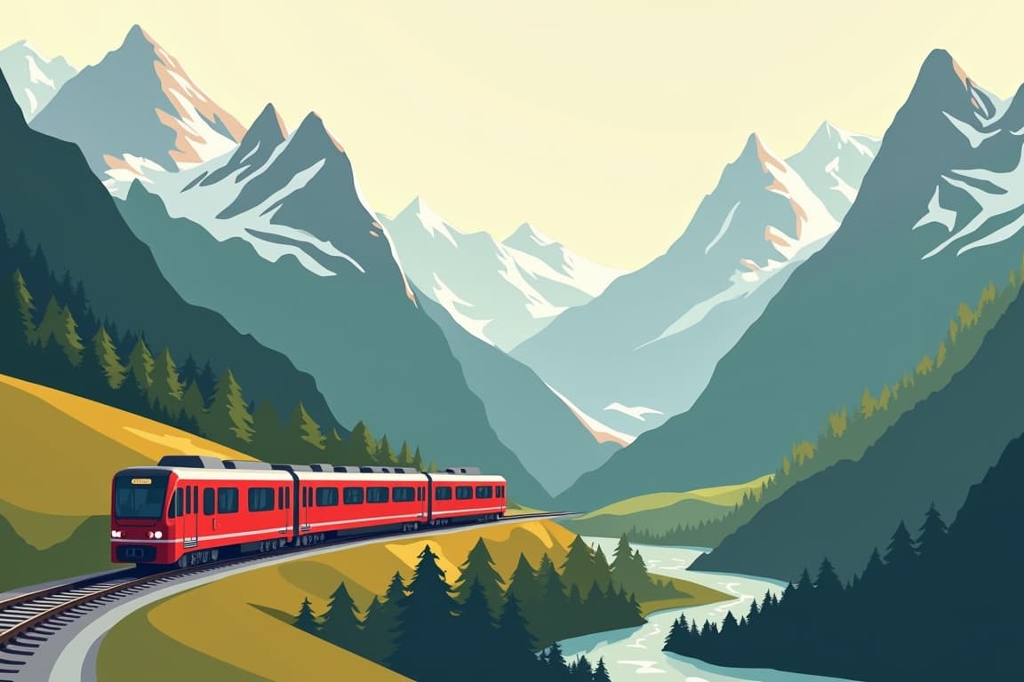 Illustration of The Glacier and Bernina Express Trains with the Gems of Italy